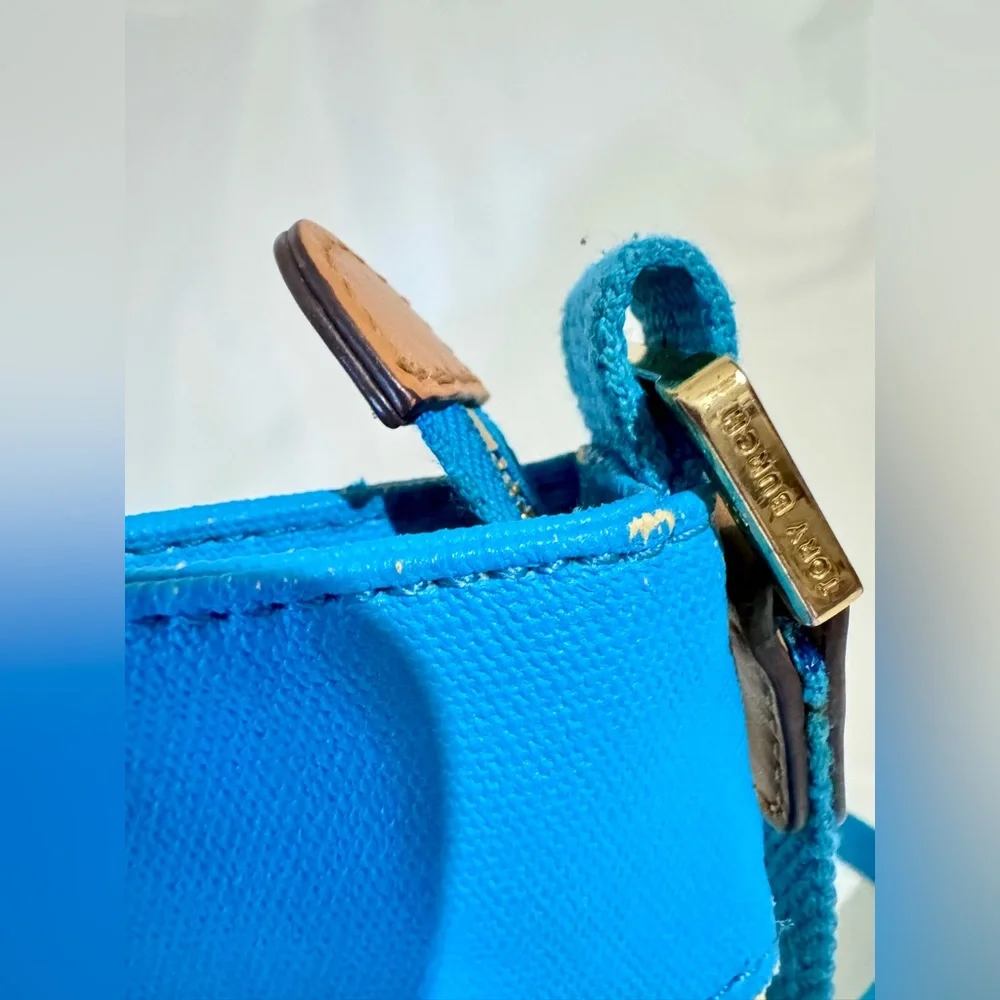 TORY BURCH‎ Blue & Beige Canvas Crossbody Colorblock Top Zip Pouch Bag